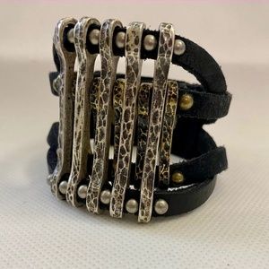 Leatherock Cuff Black leather mixed metal bracelet with silver and brass